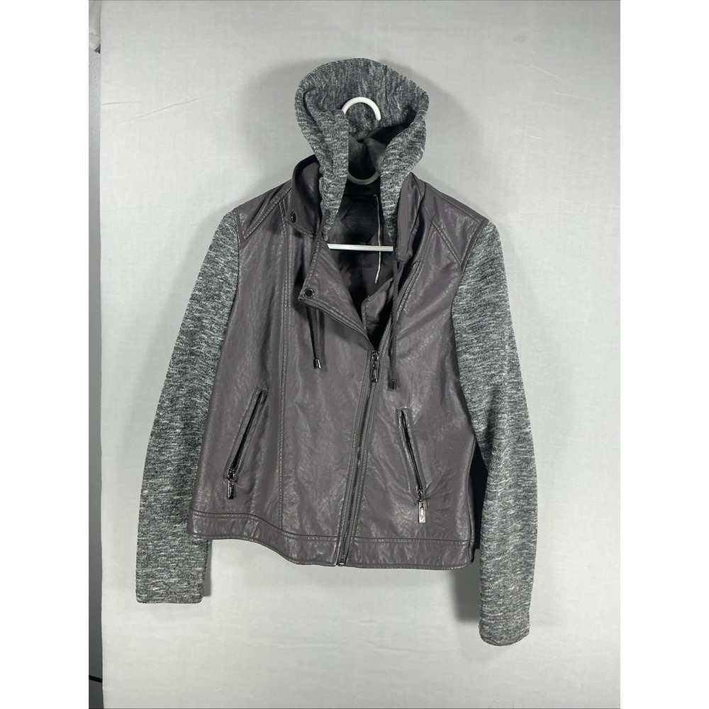 Joujou Gray Faux  Purple Leather Jacket‎ with Knit Sleeves and Removable Hood L